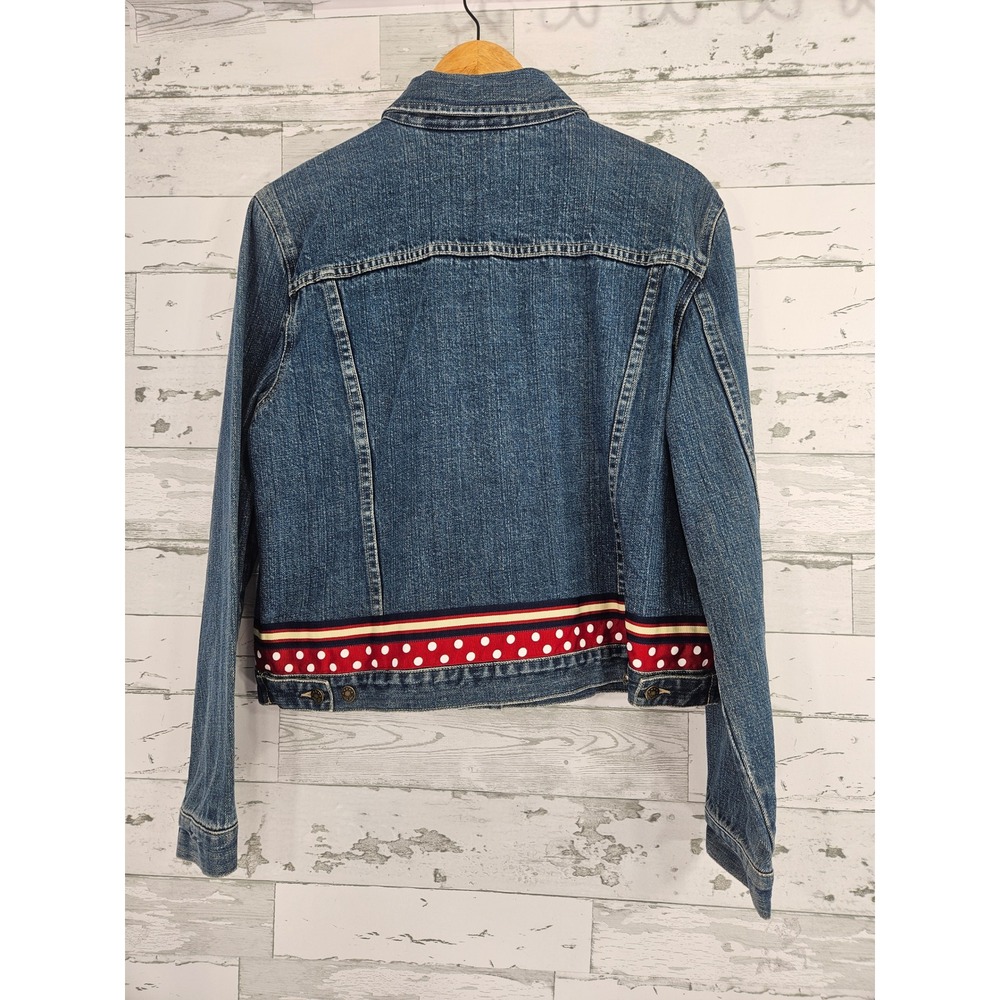 WilliSmith Womens XL Denim Jacket Polka Dot Ribbon Trim Blue Cotton Trucker - Picture 2 of 6